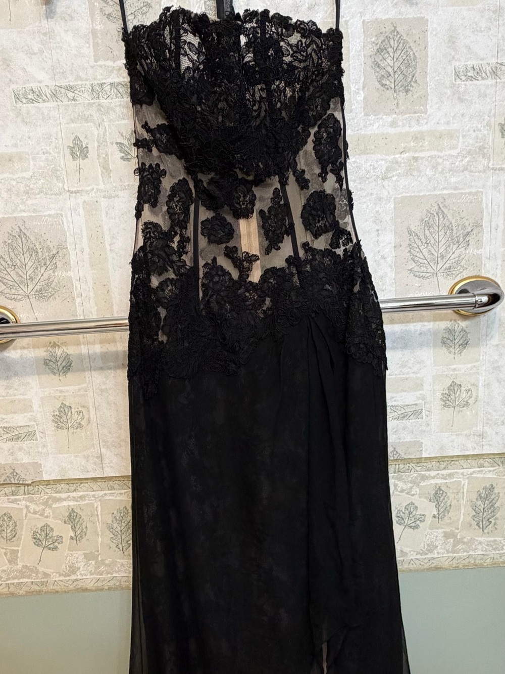 Sherri Hill Black Strapless Lace Evening Gown